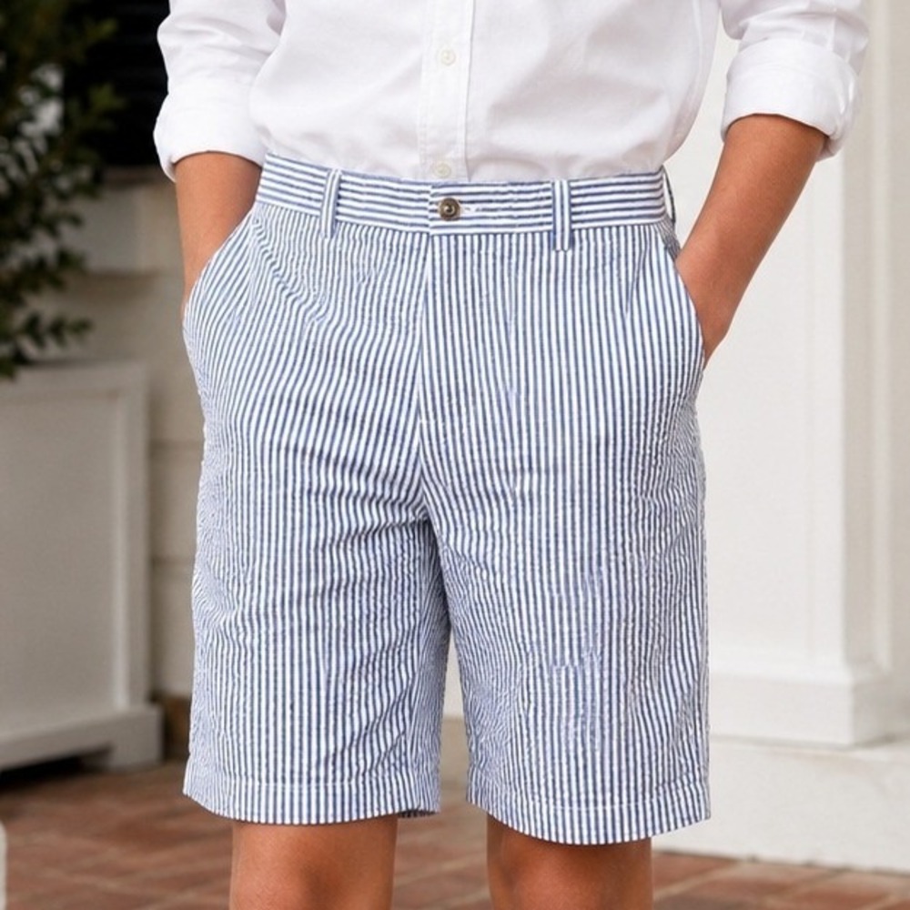 Brooks Brothers Boys Blue White Striped Seersucker Shorts Size 18 Preppy Summer
